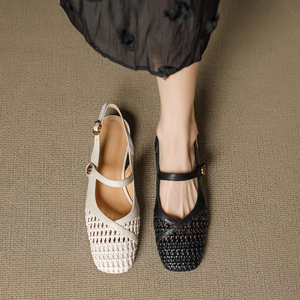Genuine Leather Woven Camellia Sandals for Women - Vintage French Style Mid-Heel Closed Toe Summer Footwear