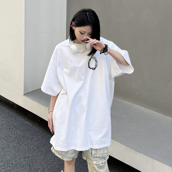 Geometric Print Black Short-Sleeve T-Shirt for Couples - American Street Style Loose Fit High Street Fashion