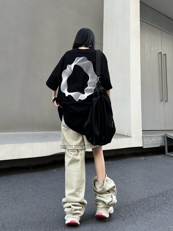 Geometric Print Black Short-Sleeve T-Shirt for Couples - American Street Style Loose Fit High Street Fashion