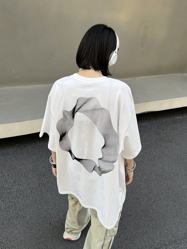 Geometric Print Black Short-Sleeve T-Shirt for Couples - American Street Style Loose Fit High Street Fashion