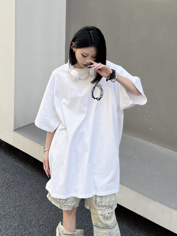 Geometric Print Black Short-Sleeve T-Shirt for Couples - American Street Style Loose Fit High Street Fashion