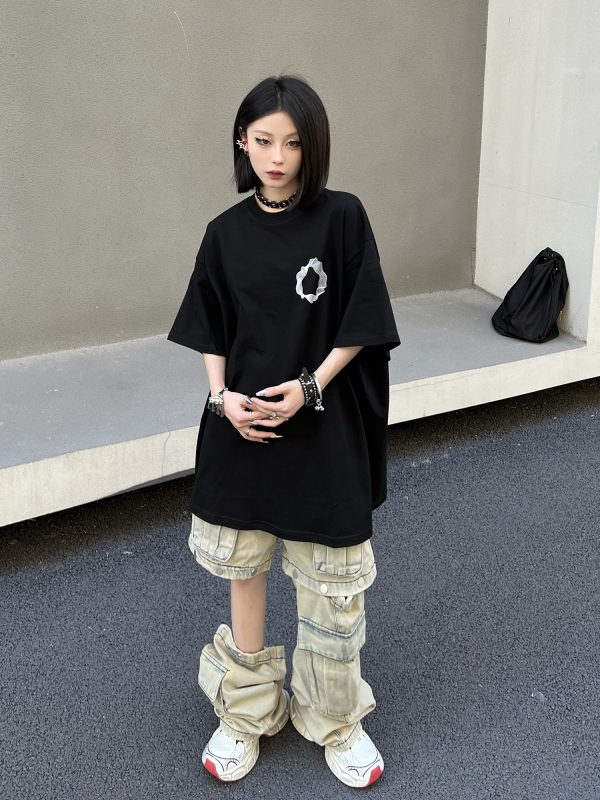 Geometric Print Black Short-Sleeve T-Shirt for Couples - American Street Style Loose Fit High Street Fashion