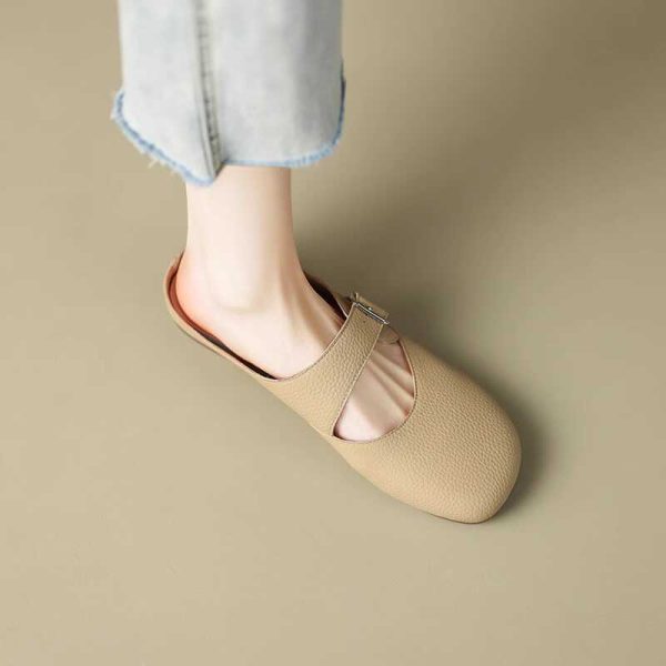 Giant Soft Genuine Leather Open-Toe Half-Slip Women's Outdoor One-Strap Flat Mule Slippers for Summer Comfort