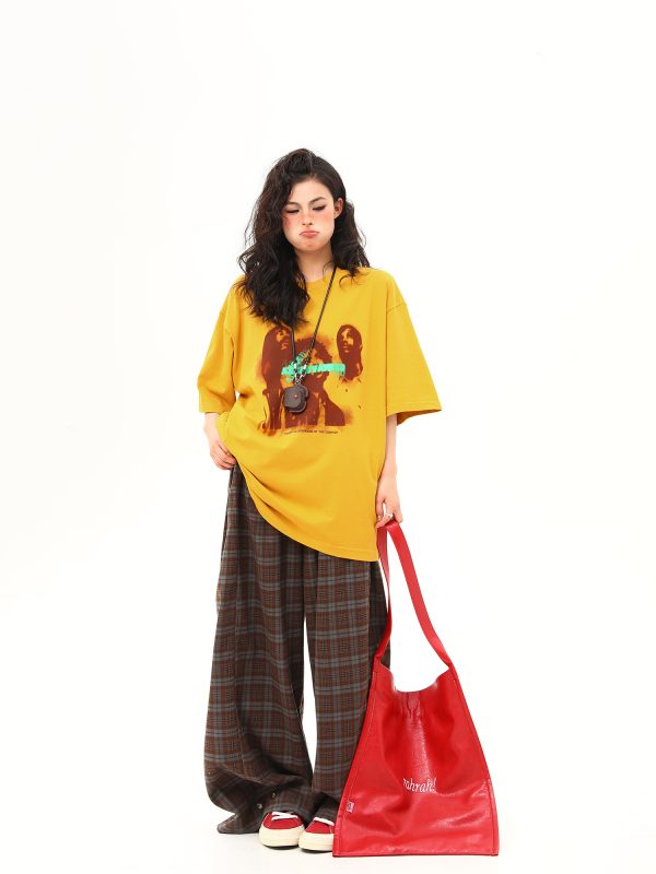 Ginger Yellow Retro Printed Short Sleeve T-Shirt for Women, Trendy Loose Fit Casual Tee, Summer 2025 Fashion