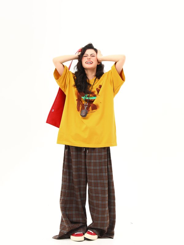 Ginger Yellow Retro Printed Short Sleeve T-Shirt for Women, Trendy Loose Fit Casual Tee, Summer 2025 Fashion