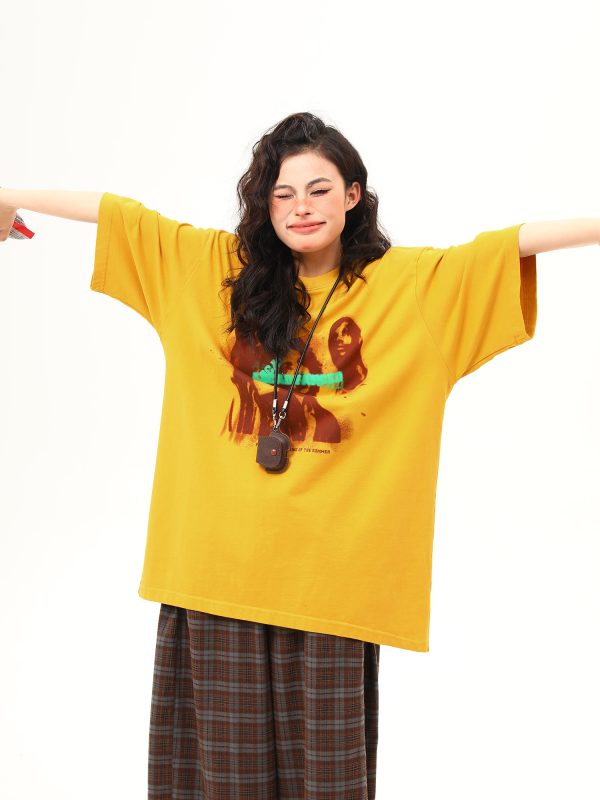 Ginger Yellow Retro Printed Short Sleeve T-Shirt for Women, Trendy Loose Fit Casual Tee, Summer 2025 Fashion