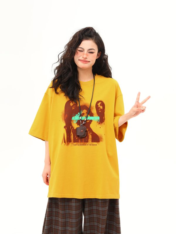 Ginger Yellow Retro Printed Short Sleeve T-Shirt for Women, Trendy Loose Fit Casual Tee, Summer 2025 Fashion