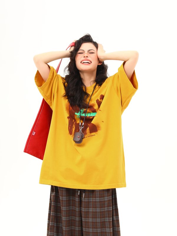 Ginger Yellow Retro Printed Short Sleeve T-Shirt for Women, Trendy Loose Fit Casual Tee, Summer 2025 Fashion