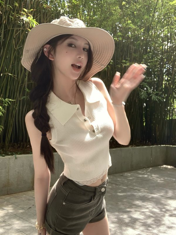 Girl's Morning Sleeveless Vest Women's Summer Polo Collar Top - Versatile Casual Outerwear for Stylish Summer Looks