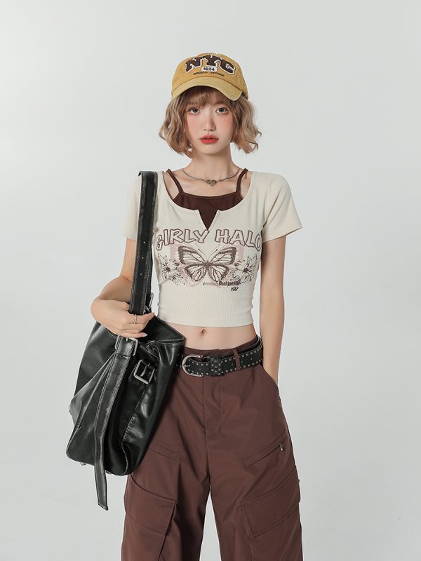 Girly Round Neck Short Sleeve T-Shirt for Women - Summer Slim Fit Fake Two-Piece Top, Casual Style