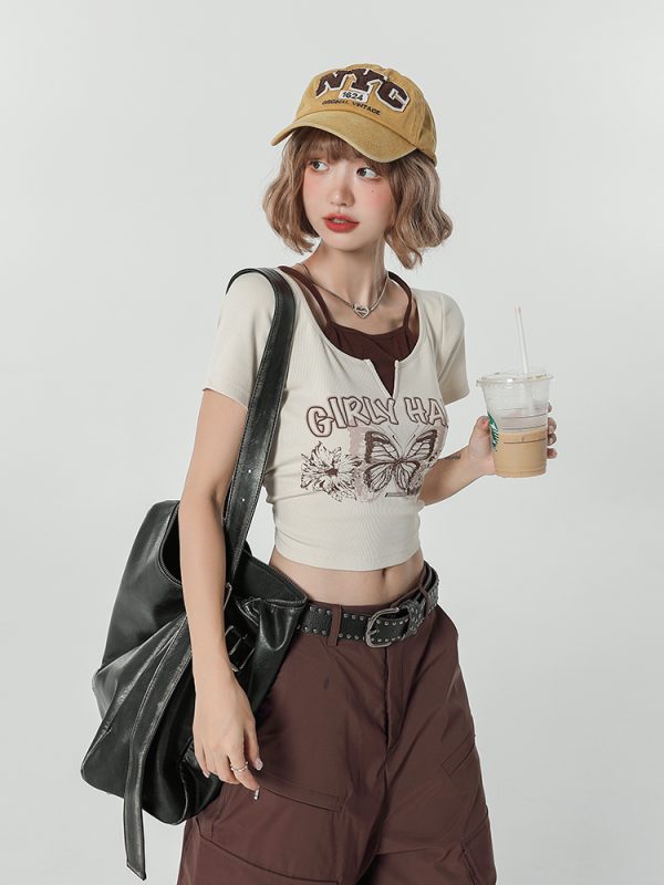 Girly Round Neck Short Sleeve T-Shirt for Women - Summer Slim Fit Fake Two-Piece Top, Casual Style