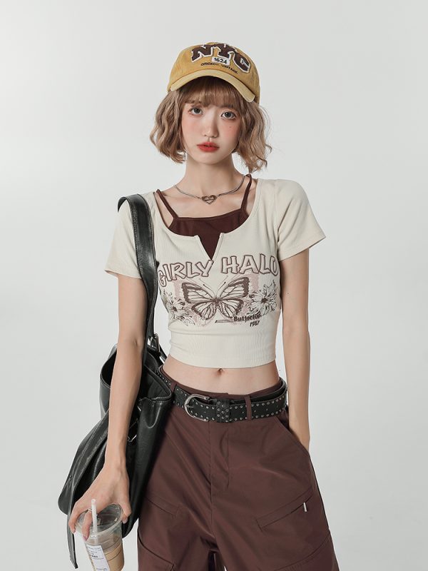 Girly Round Neck Short Sleeve T-Shirt for Women - Summer Slim Fit Fake Two-Piece Top, Casual Style