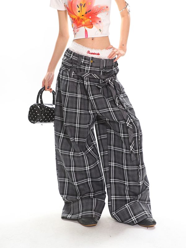 Glen Gray Vintage Oversized Checkered Wide-Leg Pants with Flowing Straps for Women - Summer Y2K Style Fashion