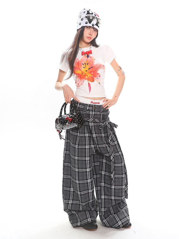 Glen Gray Vintage Oversized Checkered Wide-Leg Pants with Flowing Straps for Women - Summer Y2K Style Fashion