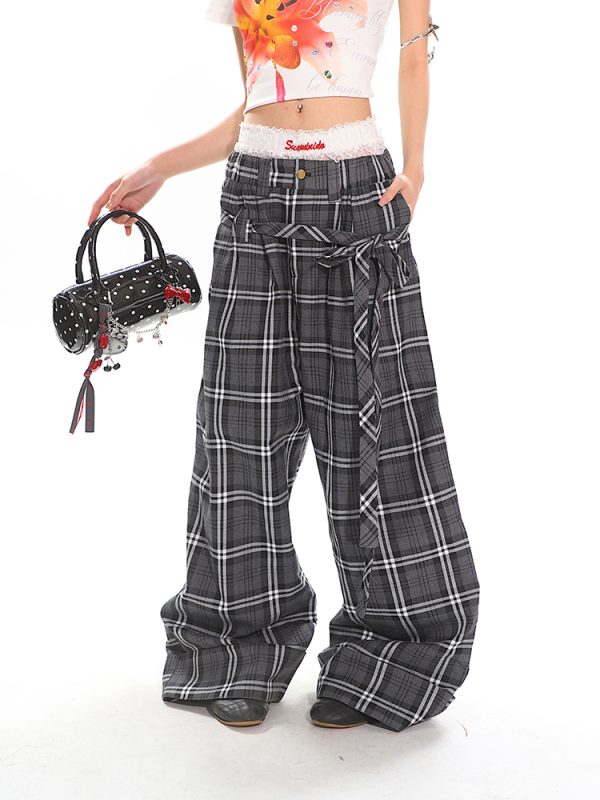 Glen Gray Vintage Oversized Checkered Wide-Leg Pants with Flowing Straps for Women - Summer Y2K Style Fashion