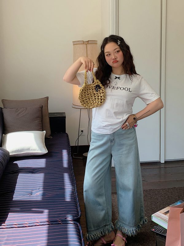 Gold Big Bow Polka Dot Short Sleeve T-Shirt for Women - Summer 2025 Unique Age-Reducing Top for Plus Size Fashion