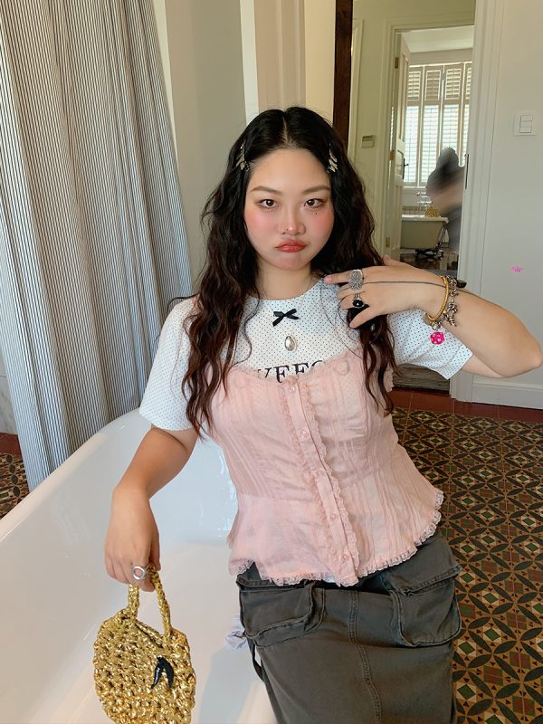 Gold Big Bow Polka Dot Short Sleeve T-Shirt for Women - Summer 2025 Unique Age-Reducing Top for Plus Size Fashion