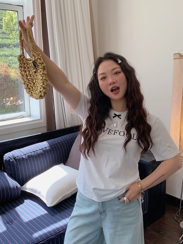 Gold Big Bow Polka Dot Short Sleeve T-Shirt for Women - Summer 2025 Unique Age-Reducing Top for Plus Size Fashion