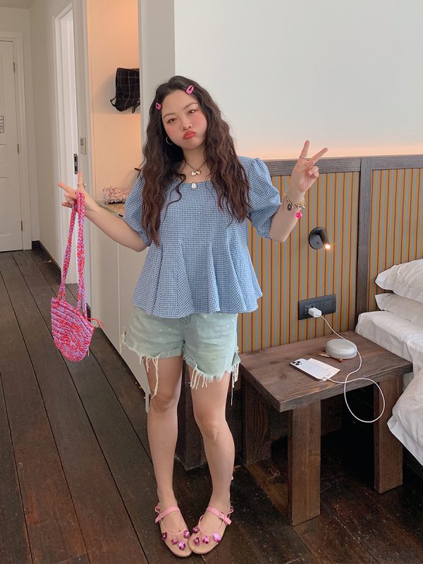 Gold Plaid Waist-Cinching Short Sleeve Shirt for Women - Summer 2025 Light Luxury Chic Top, Perfect for Y2K and Korean Style Fashion.