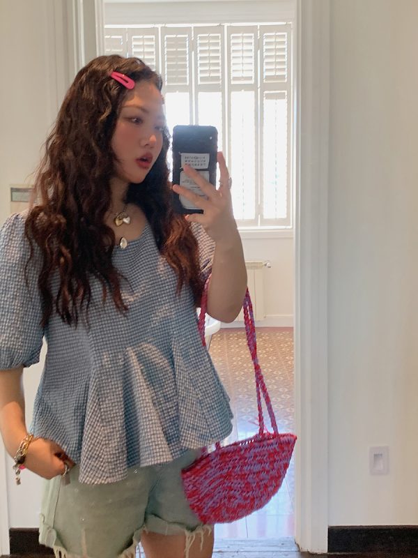 Gold Plaid Waist-Cinching Short Sleeve Shirt for Women - Summer 2025 Light Luxury Chic Top, Perfect for Y2K and Korean Style Fashion.