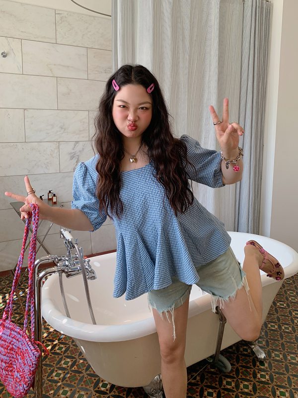 Gold Plaid Waist-Cinching Short Sleeve Shirt for Women - Summer 2025 Light Luxury Chic Top, Perfect for Y2K and Korean Style Fashion.