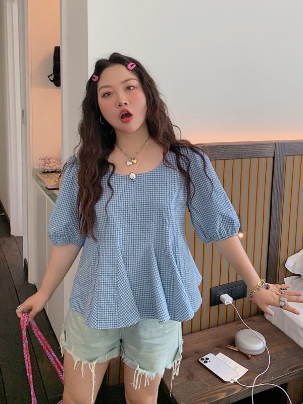 Gold Plaid Waist-Cinching Short Sleeve Shirt for Women - Summer 2025 Light Luxury Chic Top, Perfect for Y2K and Korean Style Fashion.