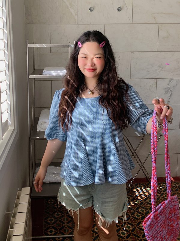Gold Plaid Waist-Cinching Short Sleeve Shirt for Women - Summer 2025 Light Luxury Chic Top, Perfect for Y2K and Korean Style Fashion.