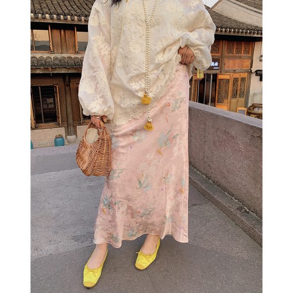 Gold Satin Fishtail Half Skirt for Women - Plus Size Retro Chinese Style National Wind 2025 Fashion