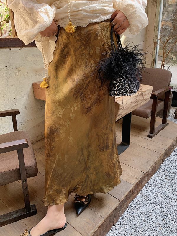 Gold Satin Fishtail Half Skirt for Women - Plus Size Retro Chinese Style National Wind 2025 Fashion