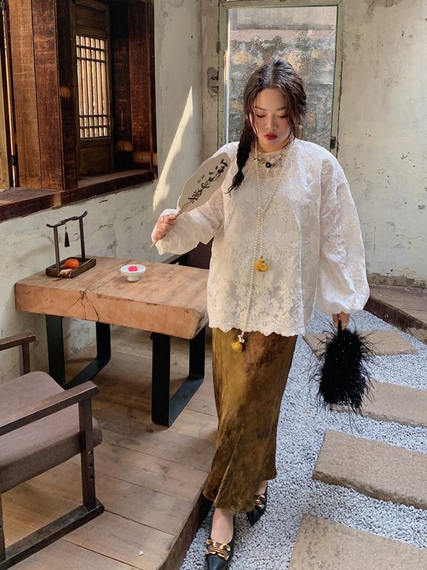 Gold Satin Fishtail Half Skirt for Women - Plus Size Retro Chinese Style National Wind 2025 Fashion