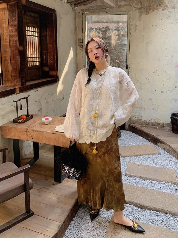 Gold Satin Fishtail Half Skirt for Women - Plus Size Retro Chinese Style National Wind 2025 Fashion