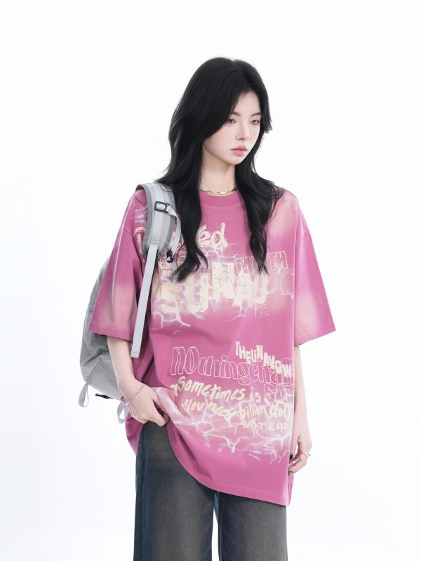 Gradient Pink Oversized Short Sleeve T-Shirt for Women - Trendy American High Street Style with Sit and Eat Until the Mountains Are Empty Design