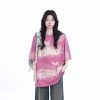 Gradient Pink Oversized Short Sleeve T-Shirt for Women - Trendy American High Street Style with Sit and Eat Until the Mountains Are Empty Design