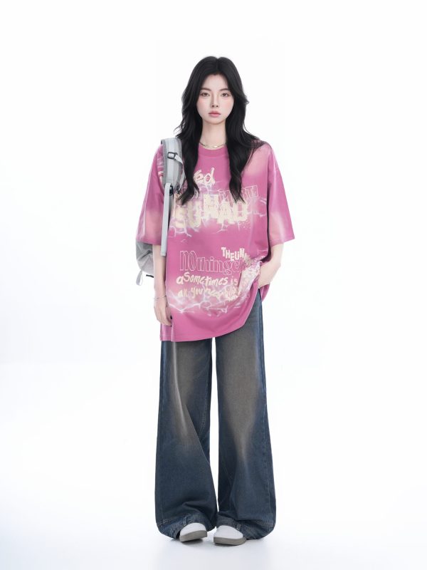Gradient Pink Oversized Short Sleeve T-Shirt for Women - Trendy American High Street Style with Sit and Eat Until the Mountains Are Empty Design