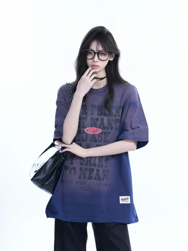 Gradient Purple Oversized Short Sleeve T-Shirt for Women - American Street Style, Trendy Loose Fit, Casual Y2K Fashion Top
