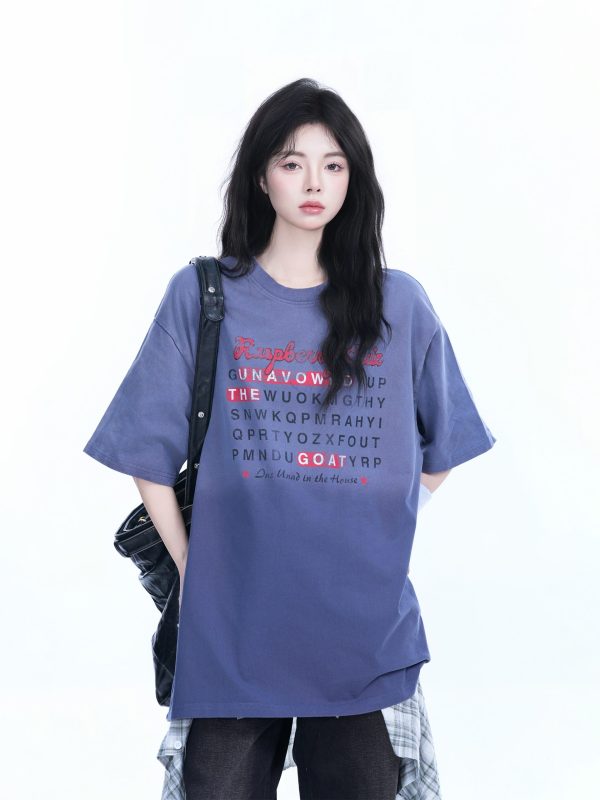 Gradient Round Neck Short Sleeve T-Shirt for Women - American Street Style, Casual Loose Fit, Summer 2023 Fashion