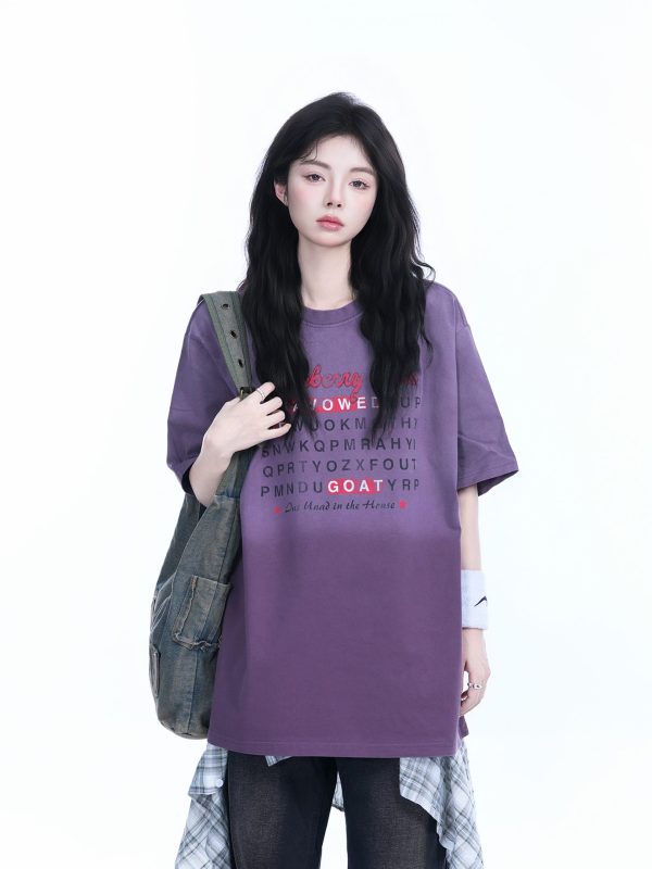 Gradient Round Neck Short Sleeve T-Shirt for Women - American Street Style, Casual Loose Fit, Summer 2023 Fashion