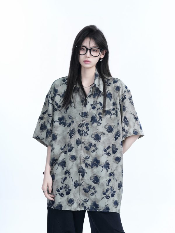 Graffiti Black Rose Short Sleeve Shirt for Women - Loose Lightweight Urban Style Top