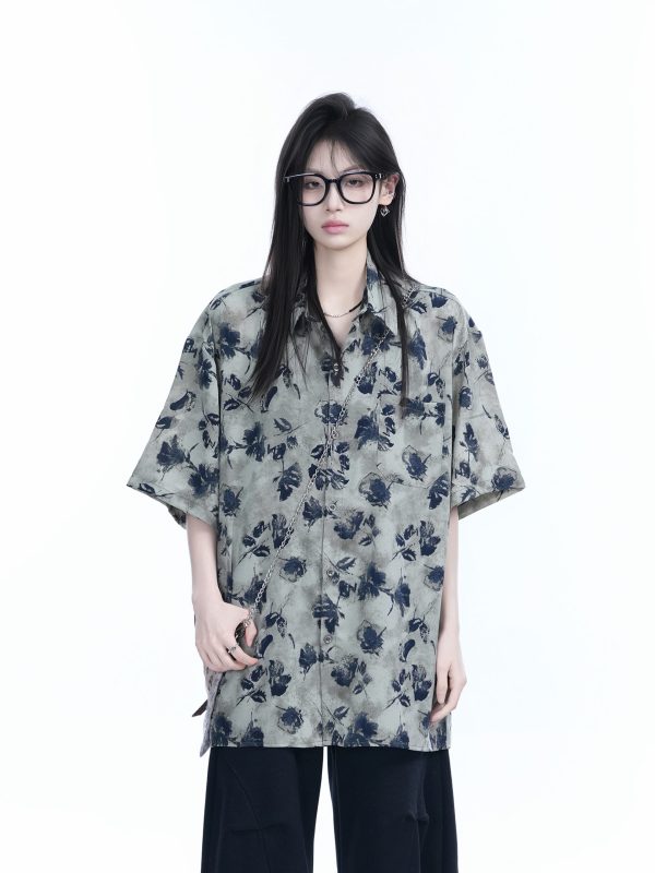 Graffiti Black Rose Short Sleeve Shirt for Women - Loose Lightweight Urban Style Top