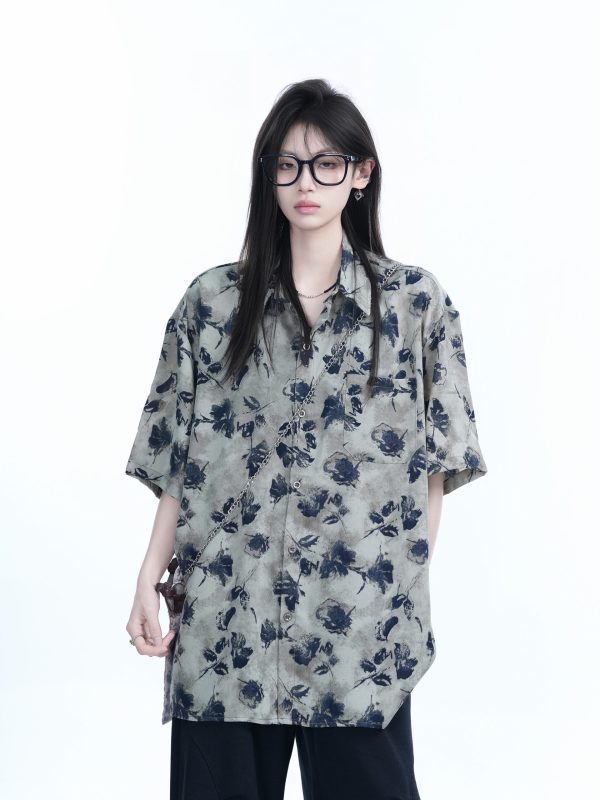 Graffiti Black Rose Short Sleeve Shirt for Women - Loose Lightweight Urban Style Top