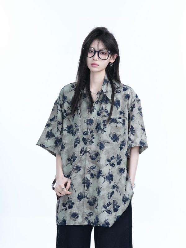 Graffiti Black Rose Short Sleeve Shirt for Women - Loose Lightweight Urban Style Top