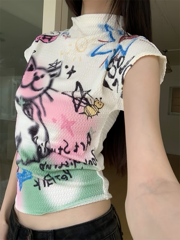 Graffiti Cat Short Sleeve T-Shirt - Textured Knit, Slim Fit, Niche Design, 2024 Early Spring Collection, Trendy Street Style