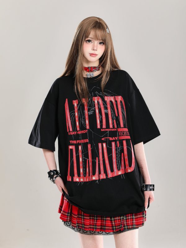Graffiti Letter Oversized Short-Sleeve T-Shirt for Women - Summer 2025 American High Street Loose Fit