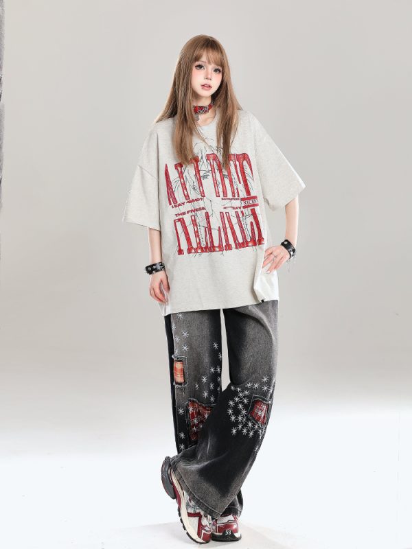 Graffiti Letter Oversized Short-Sleeve T-Shirt for Women - Summer 2025 American High Street Loose Fit