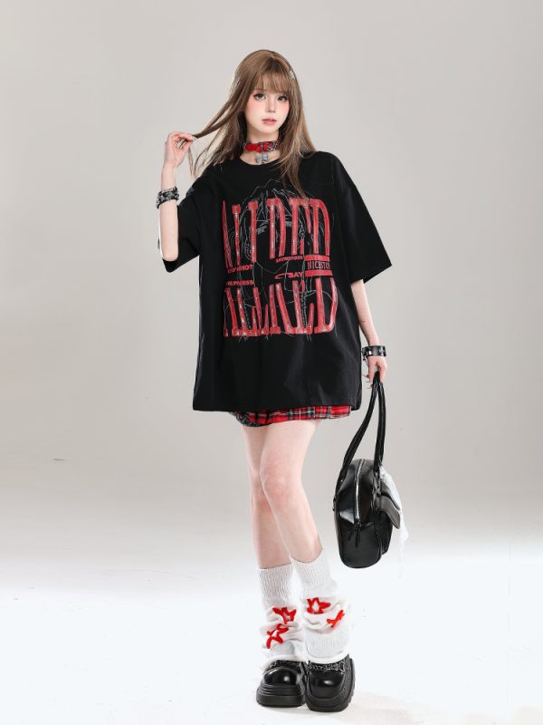 Graffiti Letter Oversized Short-Sleeve T-Shirt for Women - Summer 2025 American High Street Loose Fit