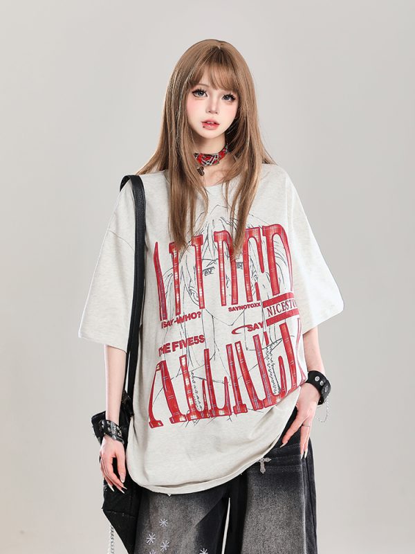 Graffiti Letter Oversized Short-Sleeve T-Shirt for Women - Summer 2025 American High Street Loose Fit