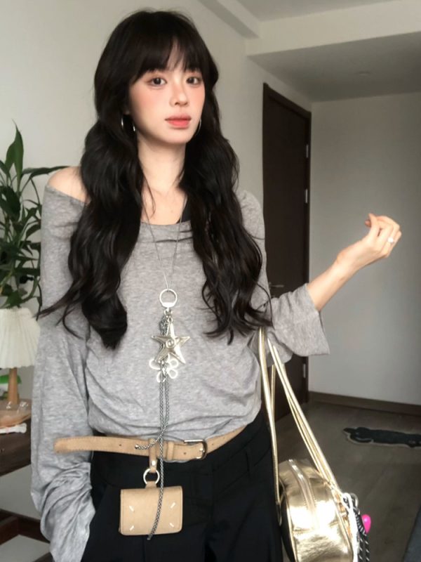 Gray Faux Two-Piece Long Sleeve T-Shirt for Women - Spring Halter Neck Off-Shoulder One-Shoulder Top in Trendy Style