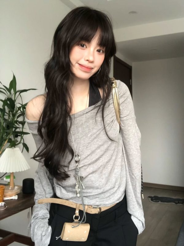 Gray Faux Two-Piece Long Sleeve T-Shirt for Women - Spring Halter Neck Off-Shoulder One-Shoulder Top in Trendy Style