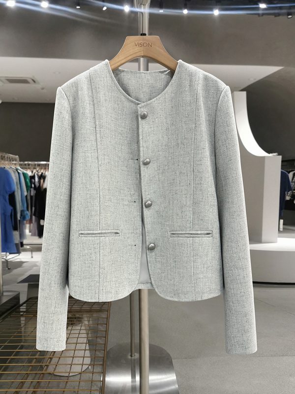 Gray-Green Textured Suit Jacket for Women - French Style, Trendy Korean Spring Autumn Fashion 2025