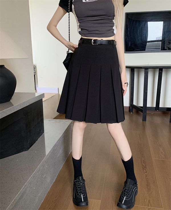Gray High-Waisted Pleated A-Line Skirt for Women - Summer College Style Mid-Length Tummy-Covering JK Skirt